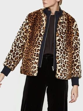 GANNI Ferris Faux Fur Leopard Print Oversized Bomber Jacket Size 34 US XS